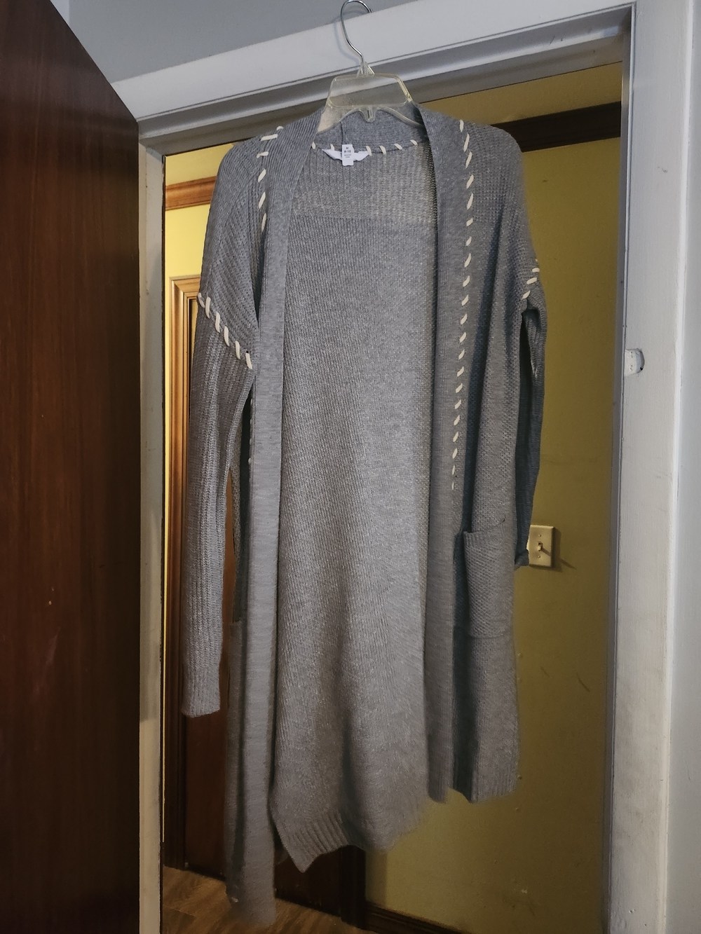 Long Open-Front Gray Knit Cardigan with Pocket